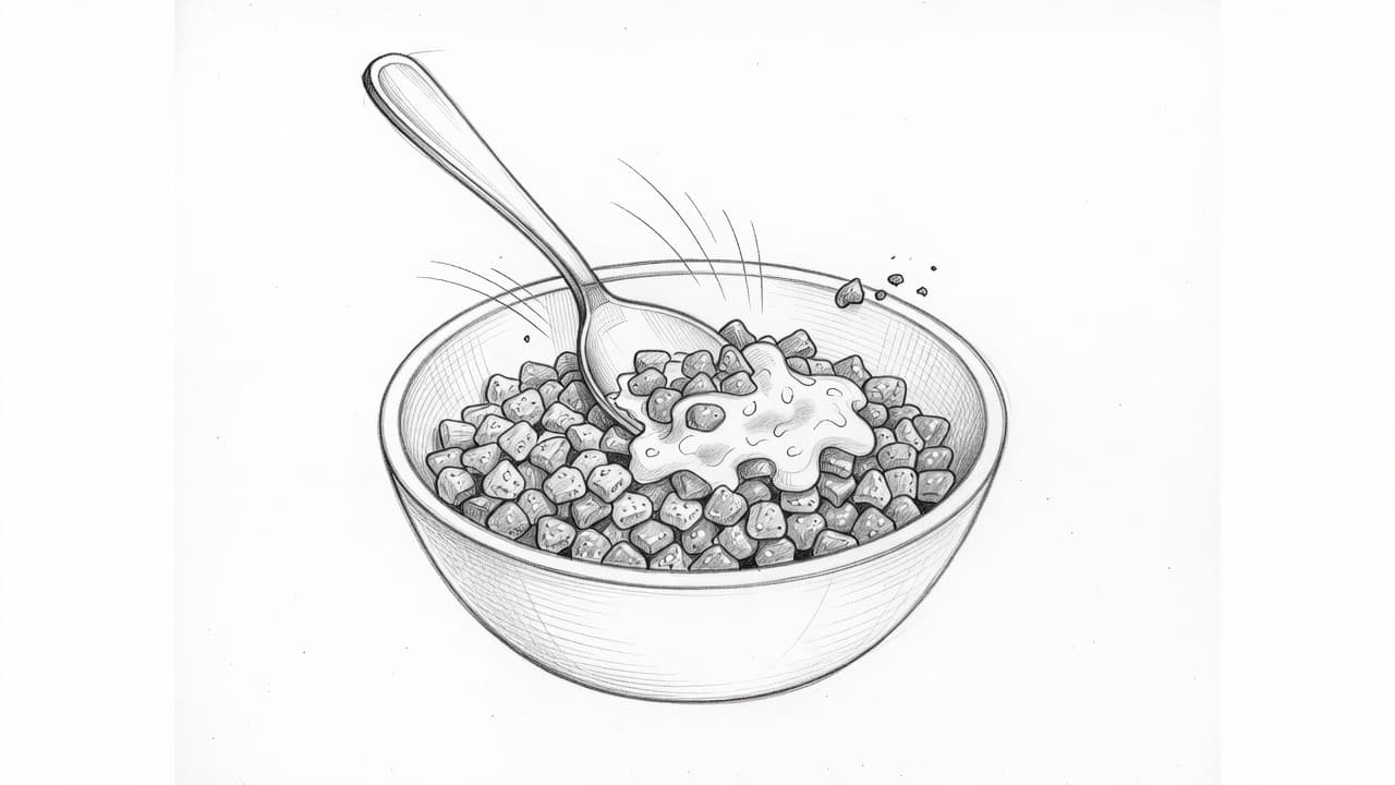 A close-up graphite illustration depicts a metal spoon stirring a small portion of wet food into a bowl of dry kibble. Precise pencil strokes provide texture against a clean white background.