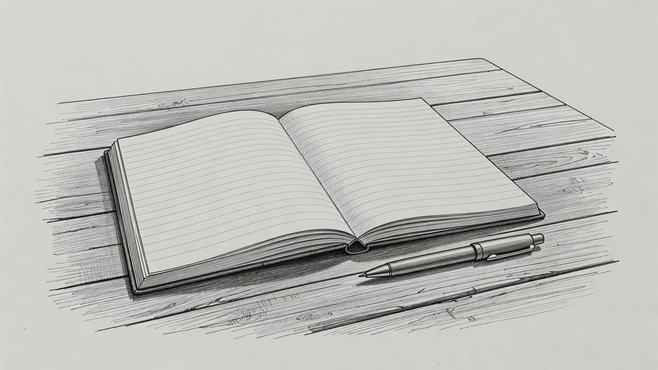 A detailed graphite sketch displays an open notebook lying flat on a textured wooden table. Beside the spine, a slim pen rests, casting soft shadows across the clean light gray background.