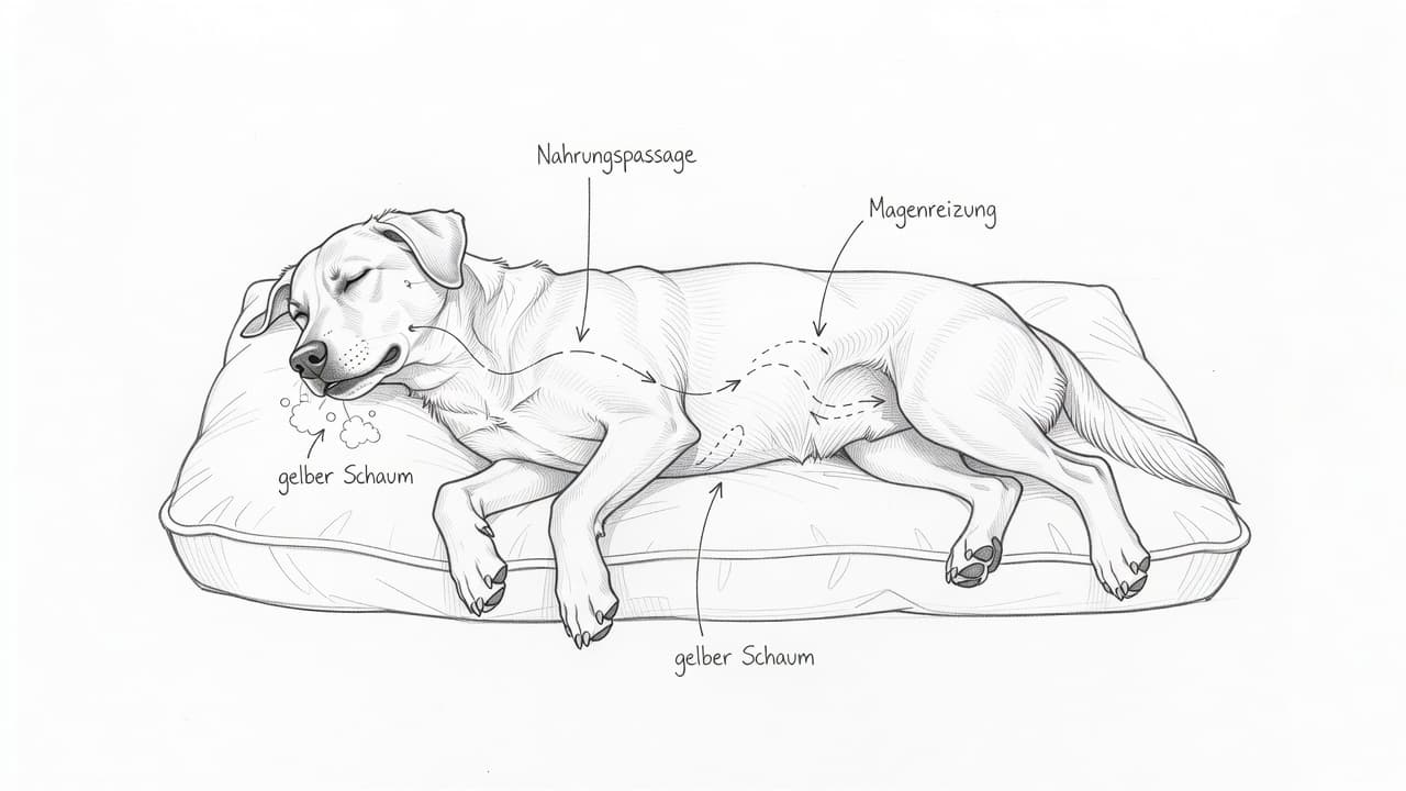 A detailed graphite drawing depicts a canine curled up peacefully on a soft mat. Clean, minimalist pencil strokes define the animal's silhouette against a stark, empty white background to illustrate rest.
