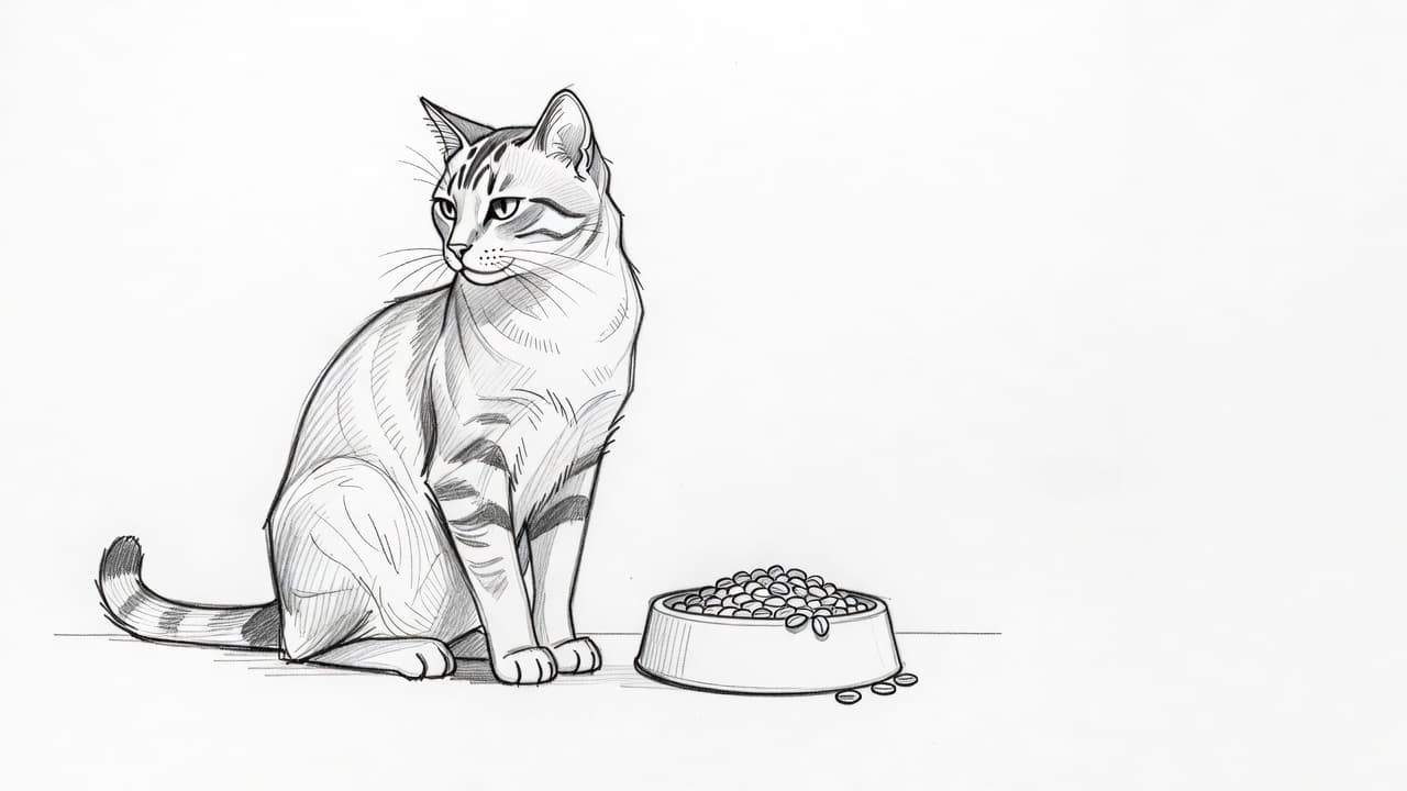 A graphite sketch shows a feline turned away from a ceramic dish on a clean paper surface. The drawing features detailed pencil linework and soft shading to emphasize the cat's posture.