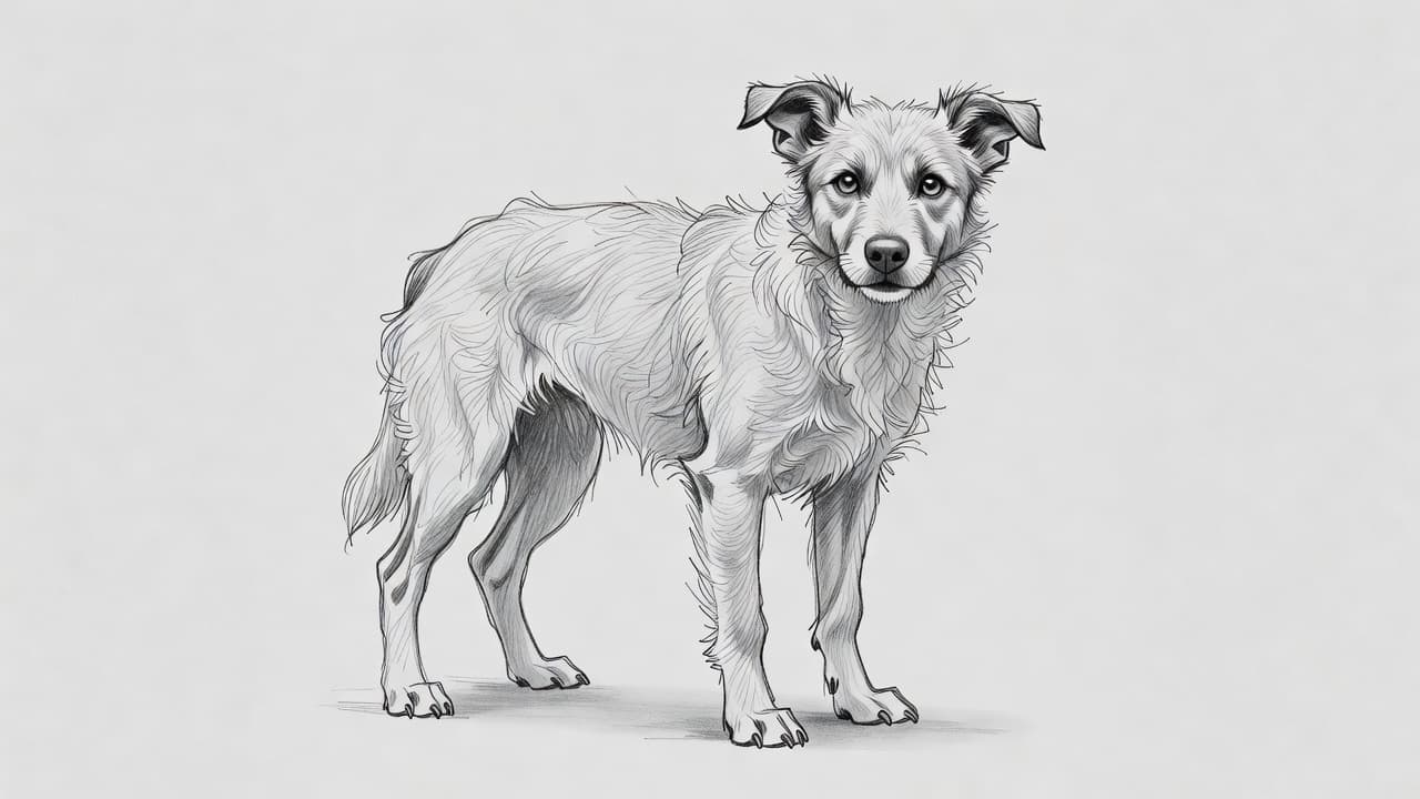 Eine minimalistische Bleistiftzeichnung zeigt einen mittelgroßen Hund auf grauem Papier. Das Tier steht aufmerksam mit gesenktem Kopf und leicht angezogenen Läufen, eingefangen durch feine Linienführung und dezente Schattierungen im künstlerischen Skizzenstil.