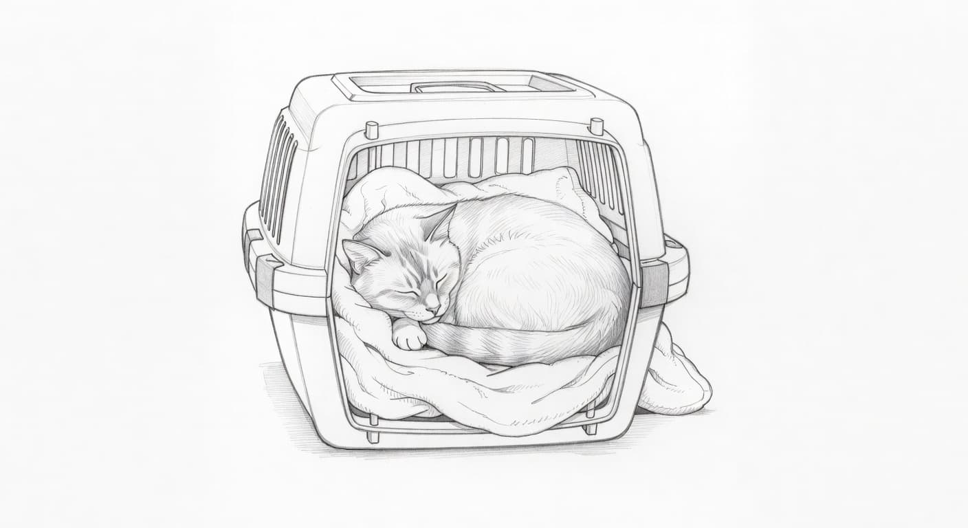 A detailed graphite drawing shows a feline curled into a tight ball sleeping within a pet carrier. A soft folded blanket fills the base of the enclosure on white paper.