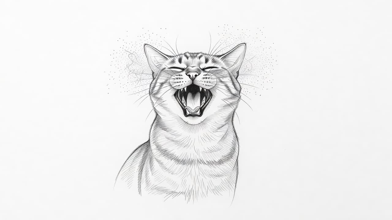 A graphite pencil drawing captures a feline mid-sneeze with closed eyes and a scrunched nose. The artwork features delicate hatching lines and soft shadows set against a stark, clean white paper background.