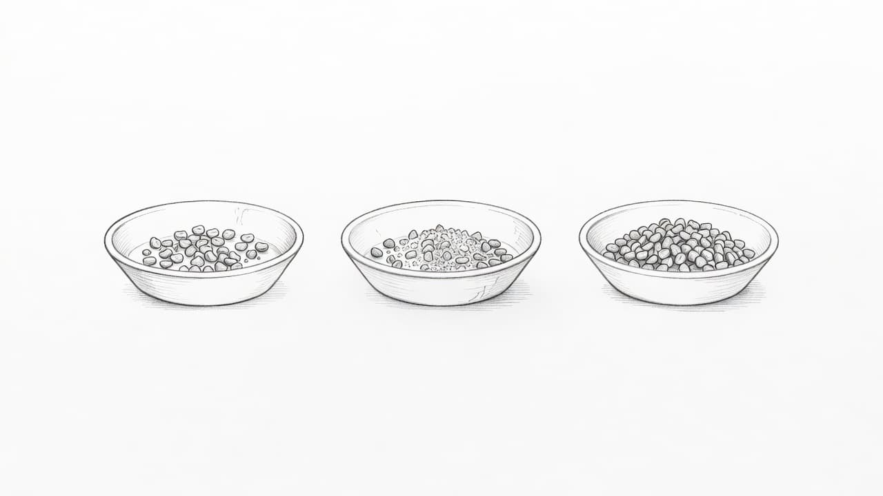 Three shallow bowls containing measured food portions are arranged in a neat horizontal line on a clean surface. The sketch is rendered in graphite lines with soft, artistic shading techniques.