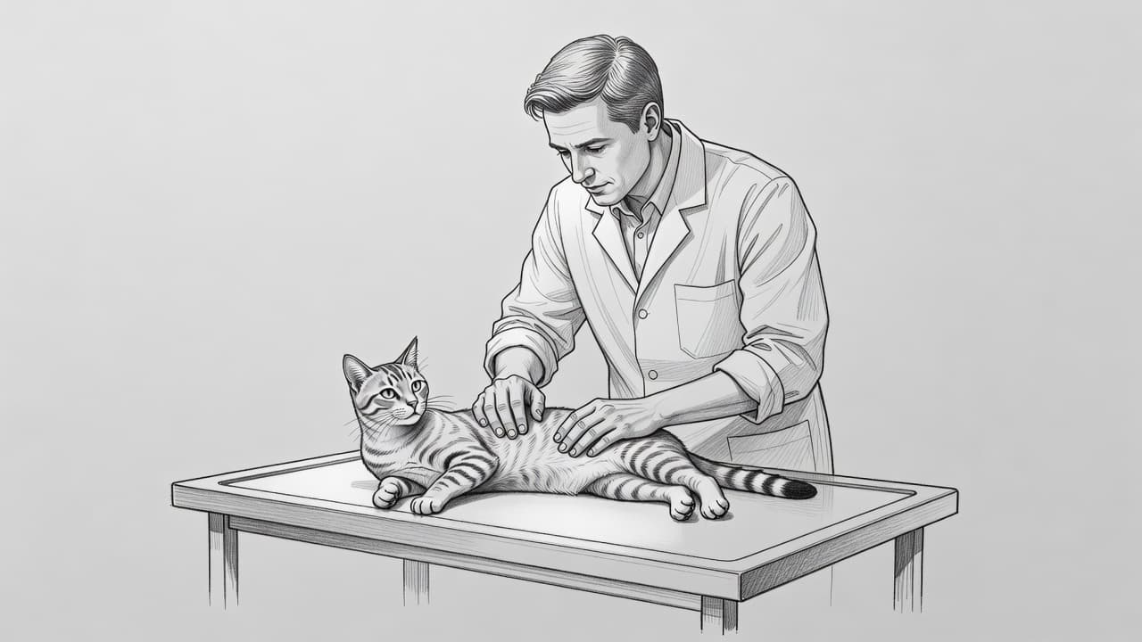 A detailed graphite sketch depicts a professional veterinarian performing a health check on a calm cat. The animal rests on an examination table while the doctor gently monitors its vitals.