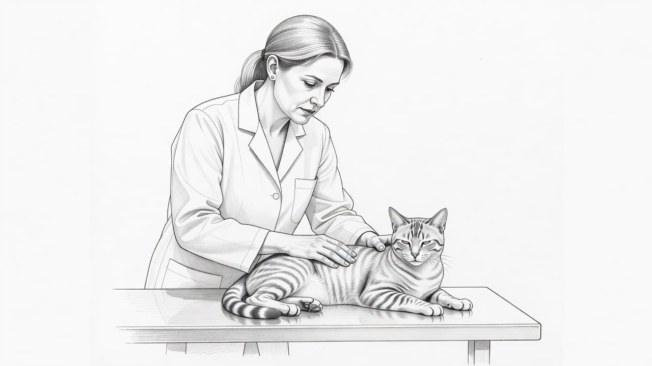 A graphite pencil sketch shows a veterinarian leaning over an examination table to check a small cat. The artist used soft shading against a clean, white background to highlight their interaction.