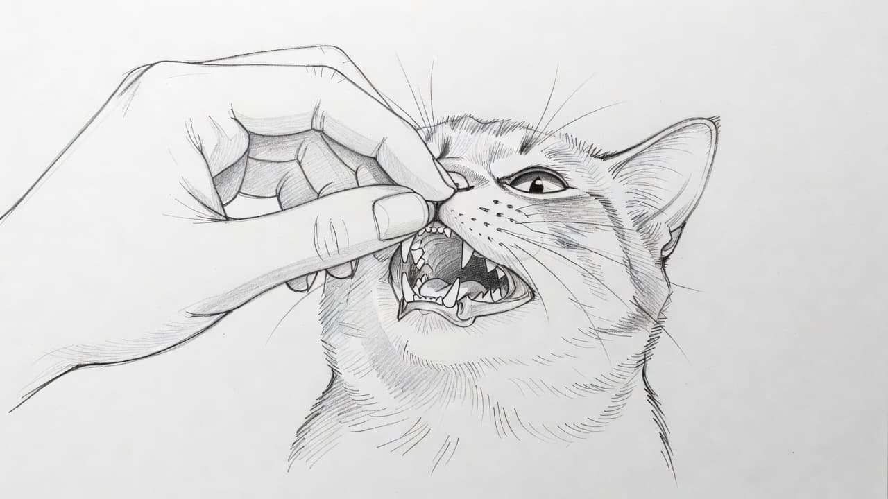 A graphite pencil sketch shows a human hand carefully lifting a cat's lip to inspect its teeth. The clean linework captures the soft fur textures against a plain white background.