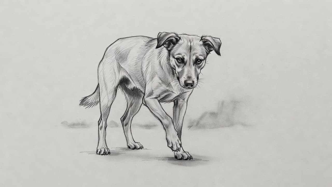 Eine detaillierte Bleistiftzeichnung auf hellgrauem Papier zeigt einen Hund, der zögerlich steht. Er hält eine seiner Vorderpfoten leicht in der Luft, was eine verletzungsbedingte Schonhaltung oder Unsicherheit sehr präzise darstellt.