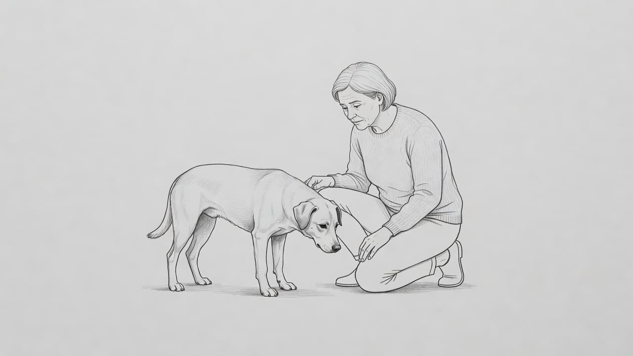 Eine detailreiche Bleistiftzeichnung auf hellgrauem Papier zeigt eine Person, die aufmerksam und besorgt auf ihren Hund blickt. Die klaren Linien betonen die emotionale Bindung und die Vorsicht des Besitzers in dieser Situation.