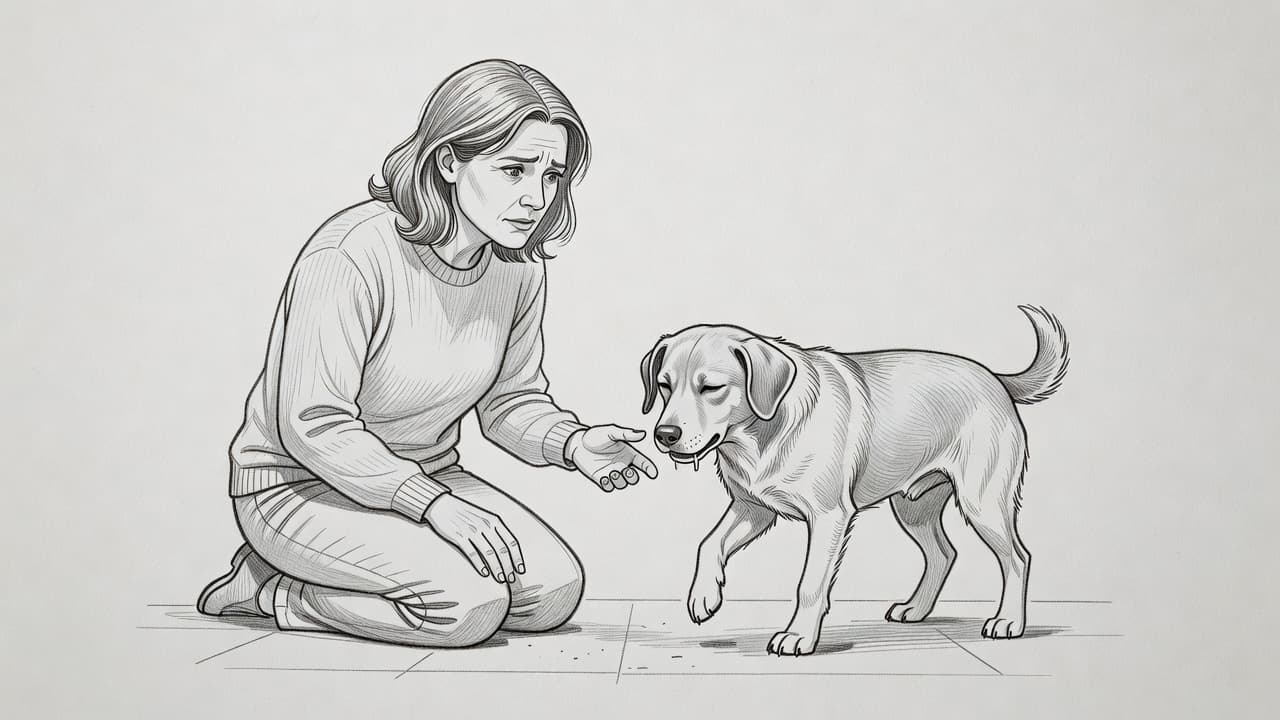 Eine Handzeichnung von einem besorgten Hundehalter, der die Symptome seines Hundes prüft.