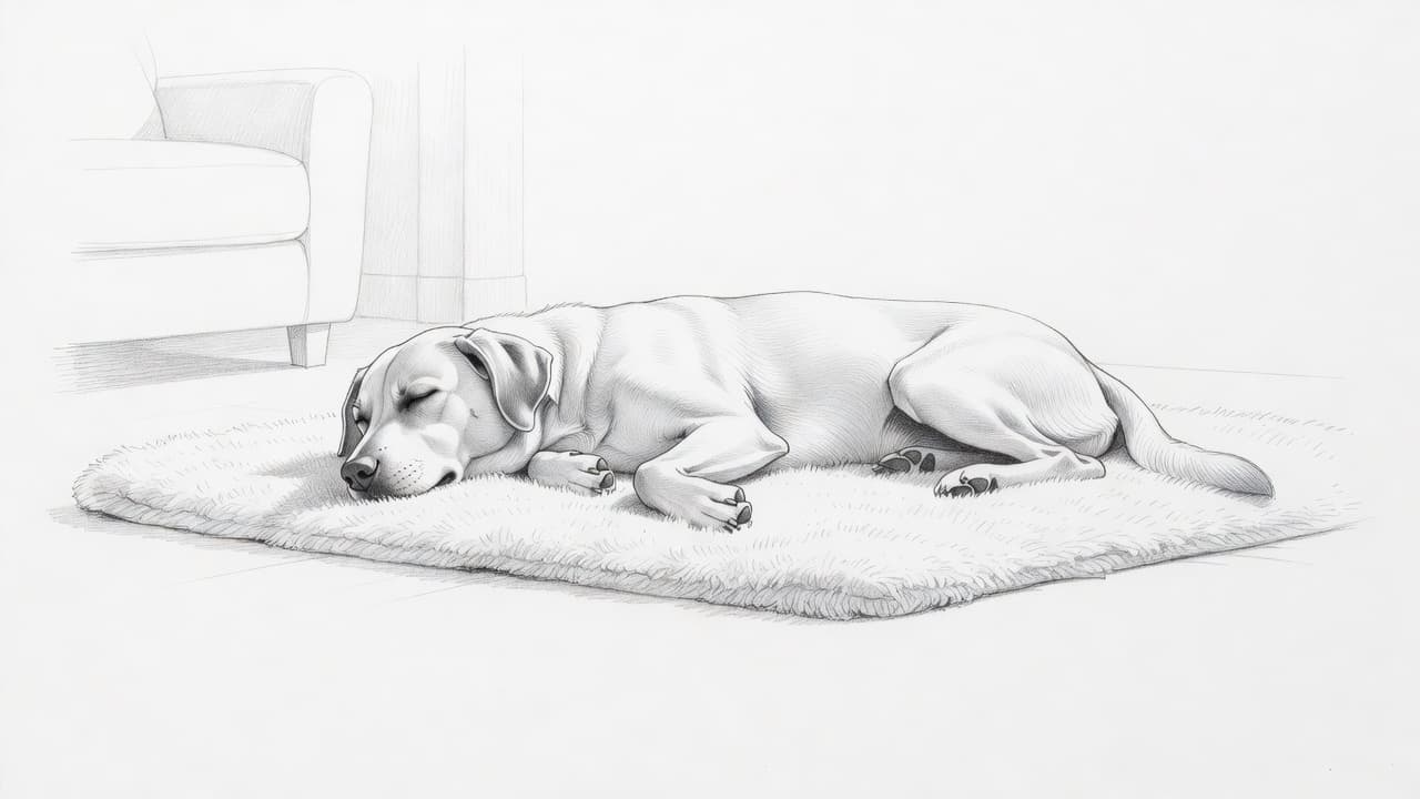 Diese detailreiche Bleistiftzeichnung zeigt einen ruhig auf einem weichen Teppich liegenden Hund im Seitenprofil. Die sanfte Schattierung und klare Linienführung betonen die entspannte Körperhaltung und den gelassenen Gesichtsausdruck des liegenden Tieres.