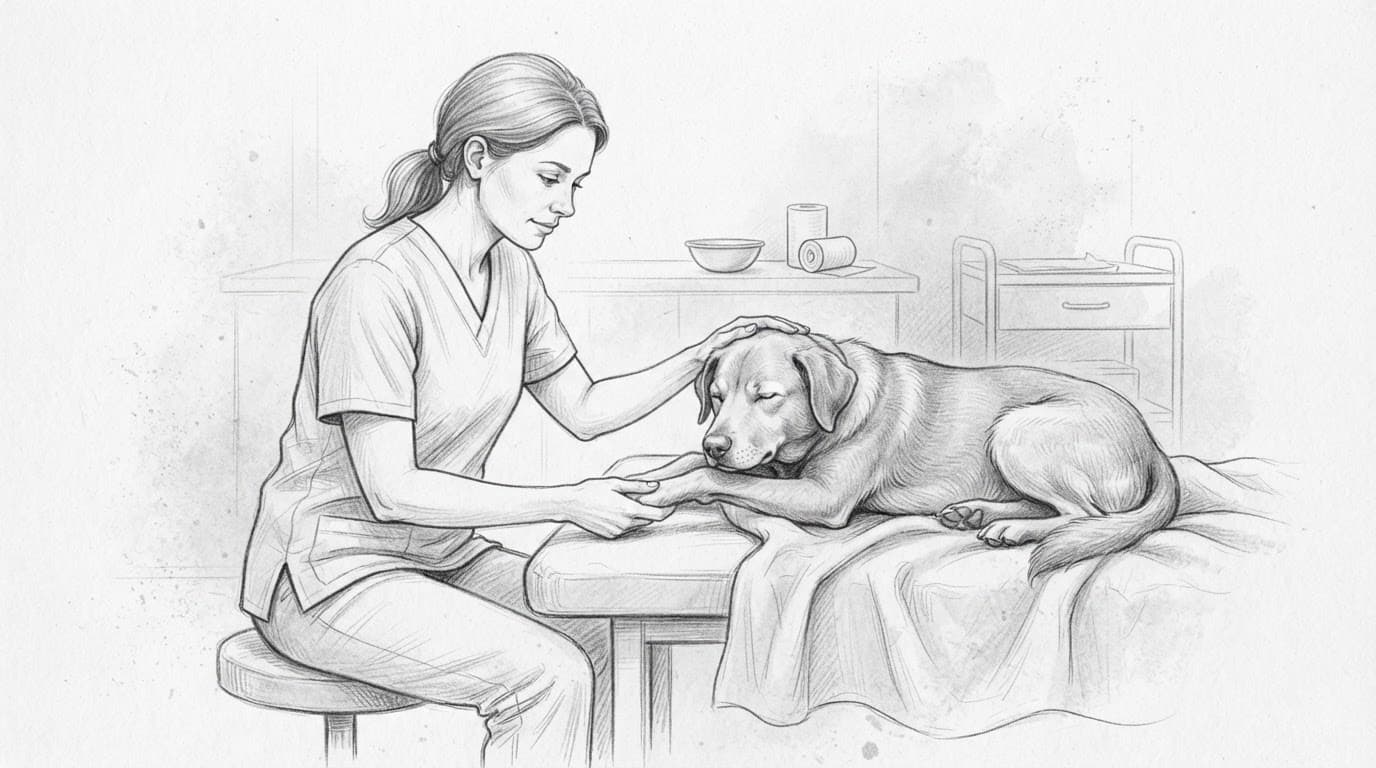 Skizze eines Tierarztes, der sich ruhig um einen entspannten Hund kümmert.