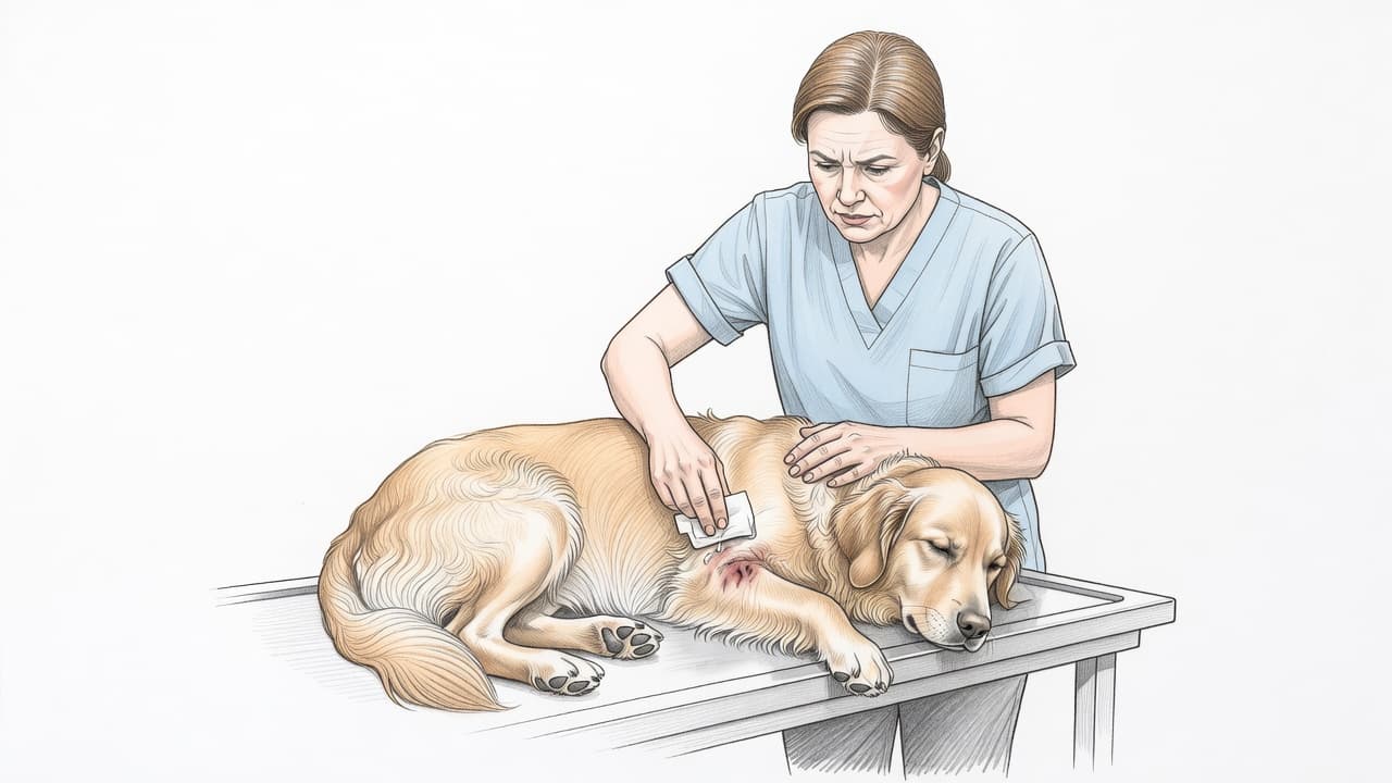 Eine Hand versorgt die Pfote eines verletzten Hundes in einer Skizze.