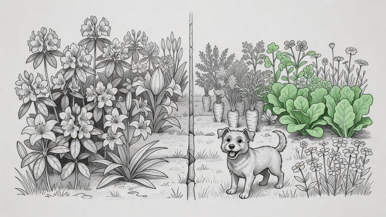 Eine Skizze zeigt links giftige Pflanzen und rechts einen spielenden Hund im sicheren Gartenbereich.
