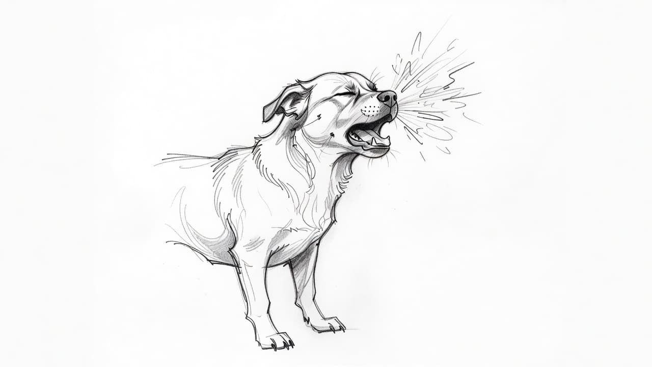Eine detaillierte Bleistiftzeichnung zeigt das Seitenprofil eines Hundes im Moment des Niesens. Die einfachen, ausdrucksstarken Linien und zarten Schattierungen stehen kontrastreich vor einem schlichten, weißen Hintergrund für eine klare visuelle Darstellung.