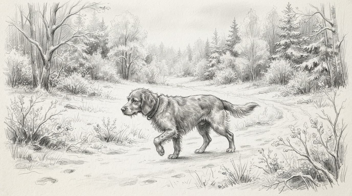 Eine Skizze von einem Hund im leichten Schnee.