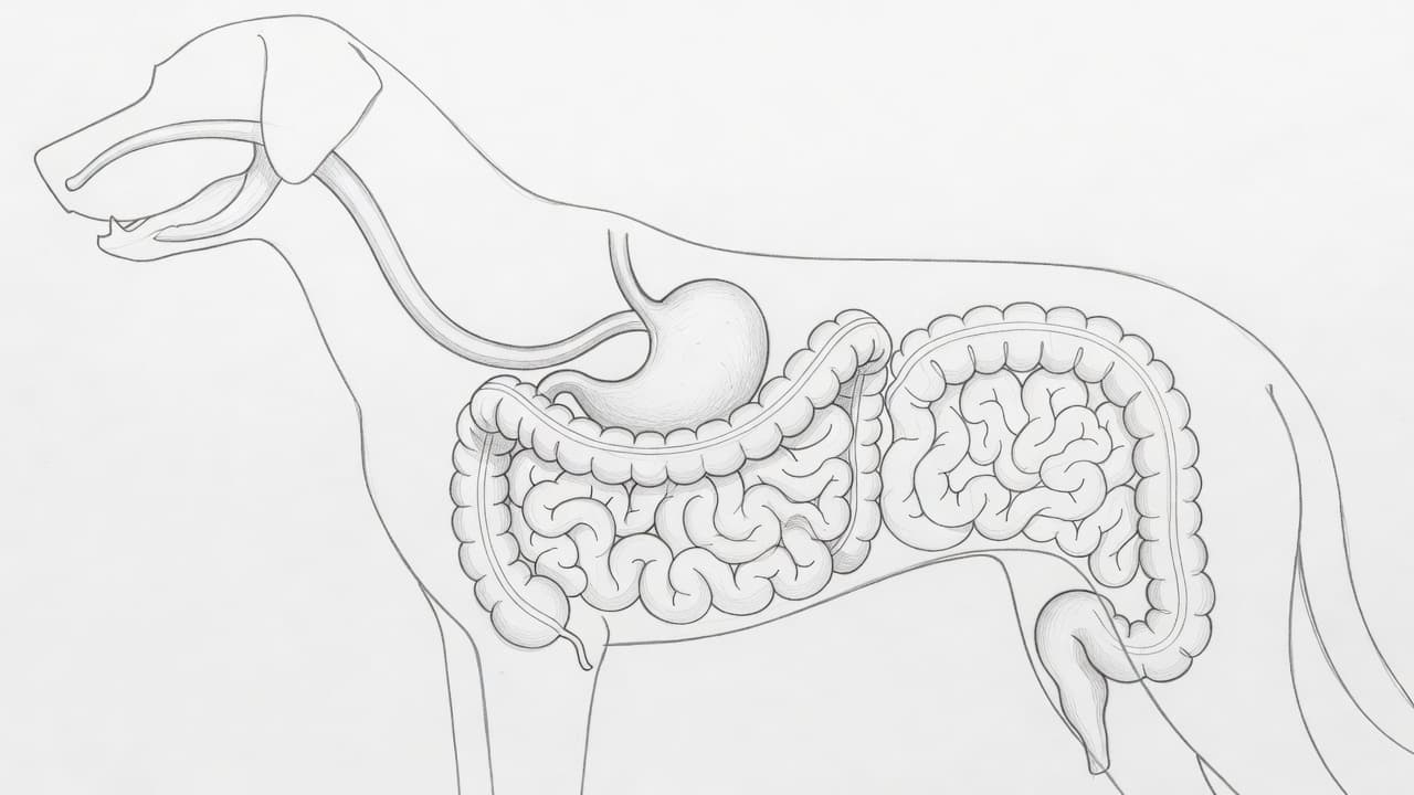 Eine detaillierte Skizze in Graphit zeigt den inneren Verdauungstrakt eines Hundes. Die feinen Linien heben Magen, Darm und Organe auf dem klaren, weißen Papierhintergrund deutlich und anatomisch korrekt hervor.