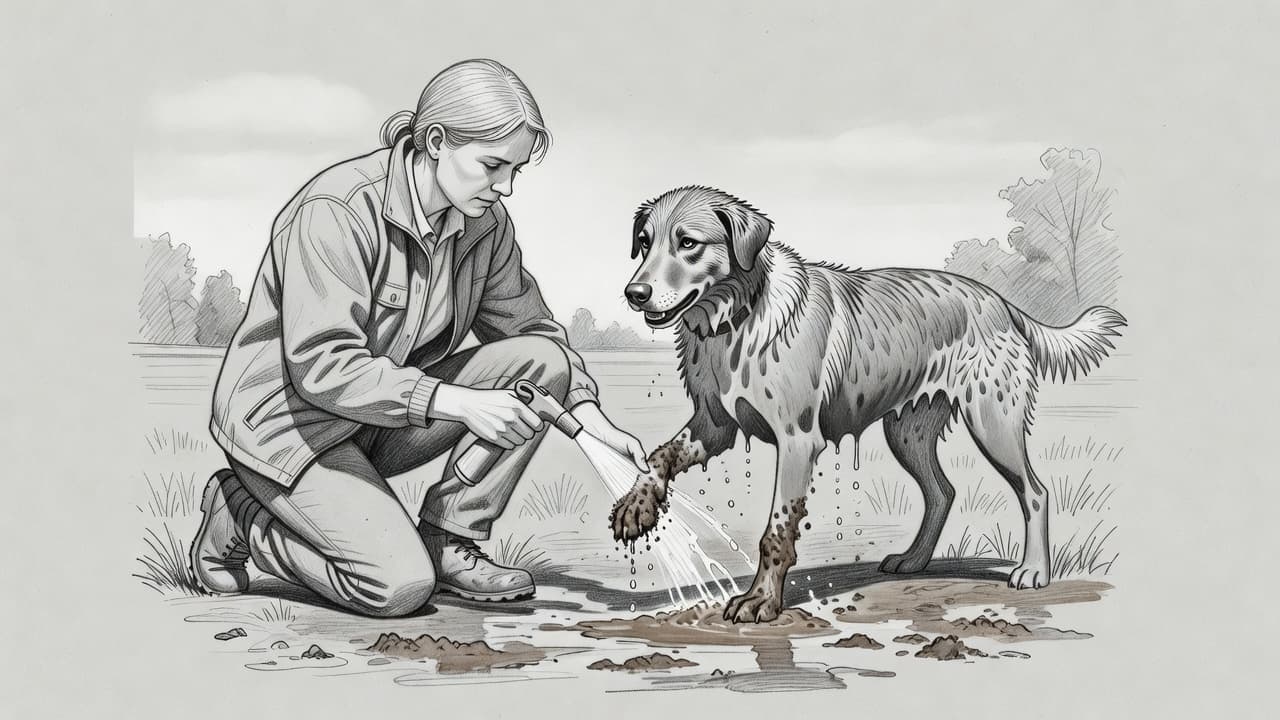 Eine Handzeichnung zeigt jemanden, der einem Hund im Freien die Pfoten mit frischem Wasser wäscht.