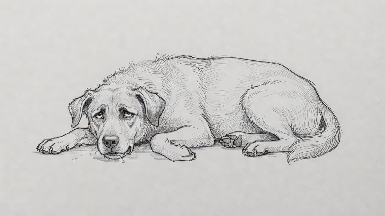 Eine Bleistiftzeichnung eines liegenden Hundes mit besorgtem Blick auf grauem Papier.