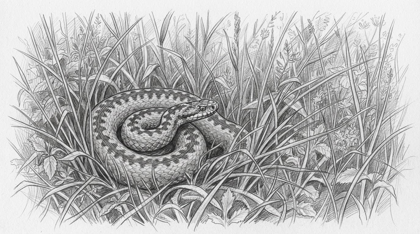 Kreuzotter zwischen hohen Grashalmen als Graphitskizze auf weißem Hintergrund.