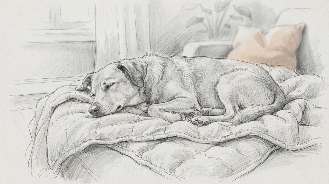 Eine Handzeichnung von einem schlafenden Hund auf einer kuscheligen Decke.