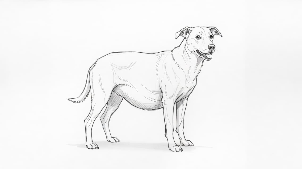 Diese minimalistische Bleistiftzeichnung zeigt einen Hund in einer unruhigen Körperhaltung. Der Fokus liegt auf dem deutlich gewölbten, aufgeblähten Bauchbereich, welcher vor einem schlichten weißen Papierhintergrund mit feiner Schattierung dargestellt wird.