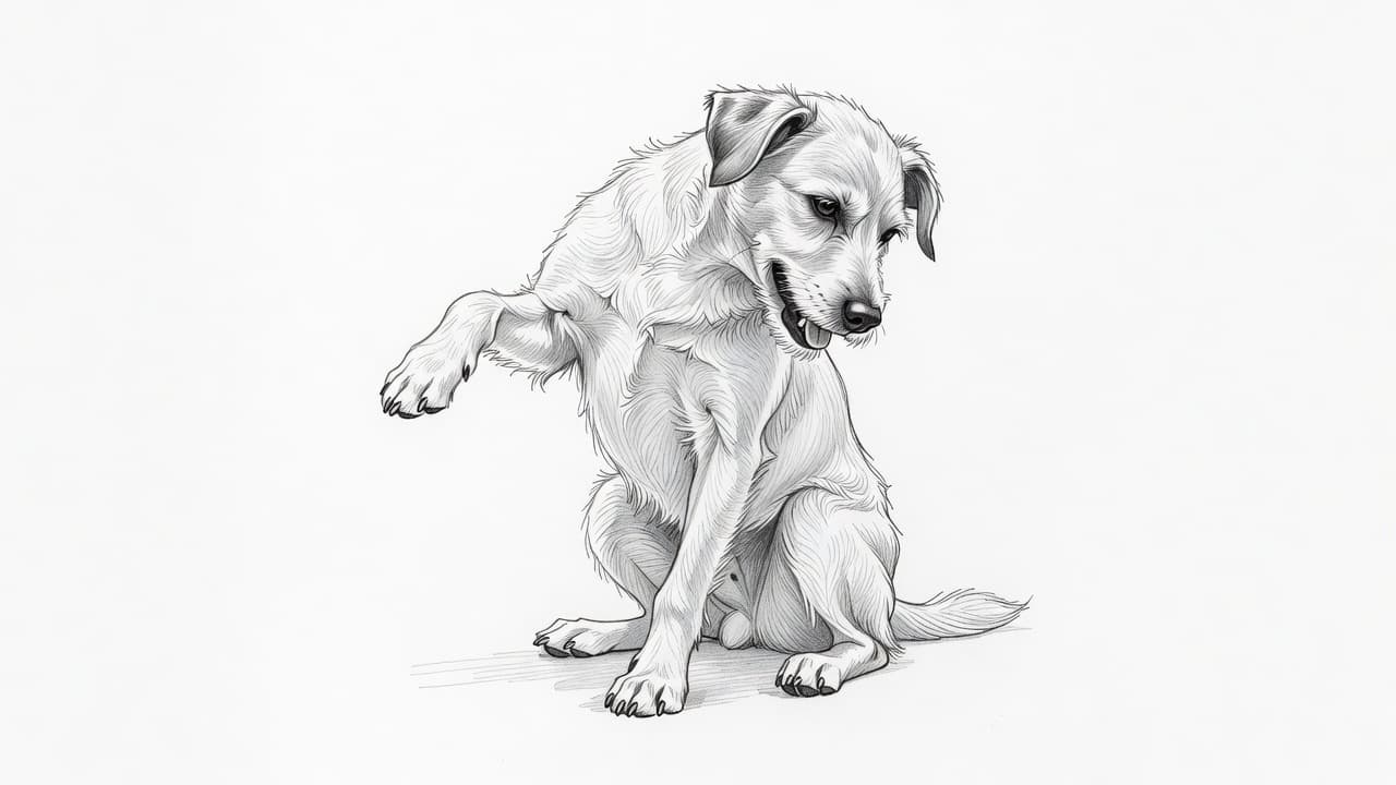 Eine detaillierte Bleistiftzeichnung auf weißem Papier zeigt einen Hund in Seitenansicht. Das Tier sitzt auf dem Boden und hebt ein Hinterbein, um sich ausgiebig hinter seinem Ohr zu kratzen.
