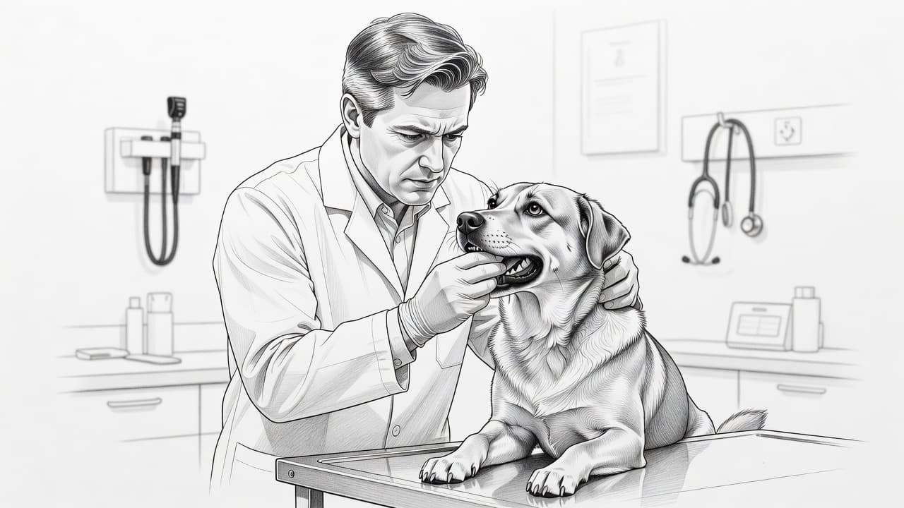 Ein detaillierter Bleistiftentwurf auf weißem Papier zeigt einen konzentrierten Veterinär bei einer gründlichen Untersuchung. Er prüft sanft das Maul und die Augen des ruhig daliegenden Hundes in einer professionellen klinischen Praxis.