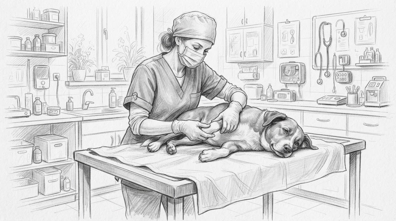 Eine Tierärztin untersucht einen ruhigen Hund auf dem Behandlungstisch.