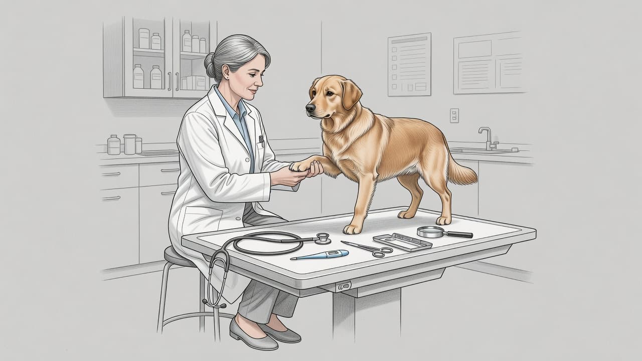 Bleistiftzeichnung einer ruhigen Tierarztuntersuchung mit Hund und Arzt.