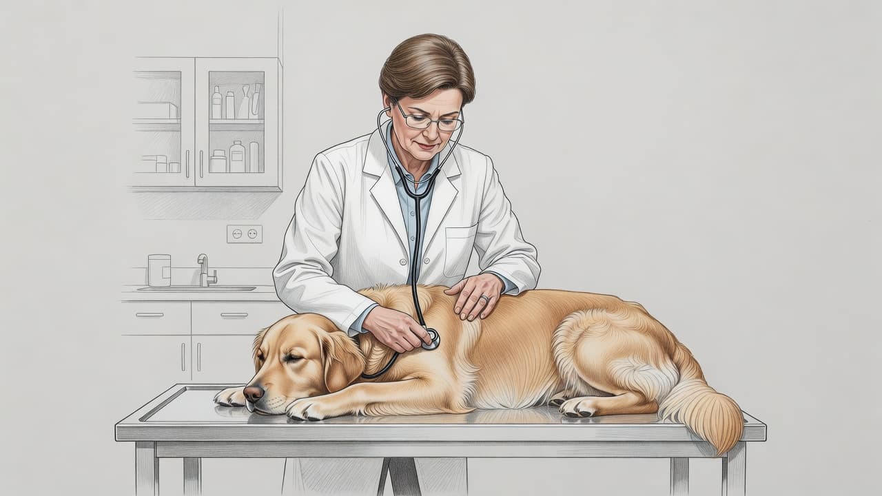 Eine detaillierte Bleistiftzeichnung auf hellgrauem Papier zeigt eine Tierärztin im Laborkittel, die sanft einen ruhigen Hund auf einem Untersuchungstisch abtastet. Der Fokus liegt auf der einfühlsamen und professionellen medizinischen Behandlung des Tieres.
