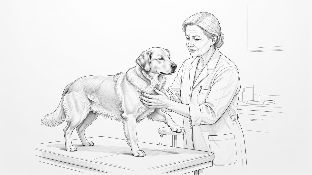 Bleistiftzeichnung von einem Tierarzt, der einen Hund in der Praxis untersucht.