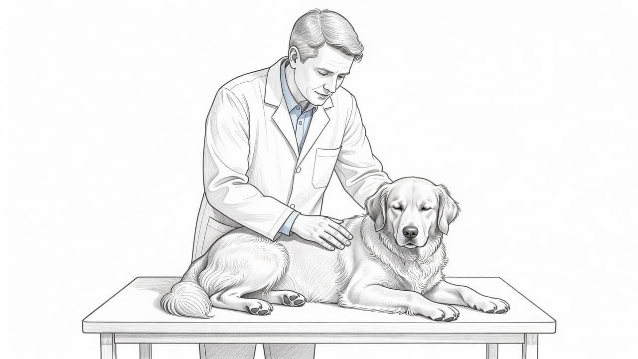 In einer detaillierten Bleistiftzeichnung untersucht ein Tierarzt aufmerksam einen Hund auf einem Behandlungstisch. Die ruhige Interaktion zwischen dem Experten und dem Tier wird durch feine Linienführung und dezente Schattierungen auf weißem Grund dargestellt.