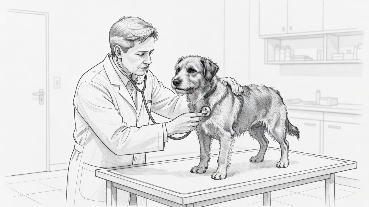 Eine feine Graphitzeichnung zeigt einen Tierarzt während einer sorgfältigen Untersuchung an einem Hund in einer Klinik. Die helle, klare Darstellung unterstreicht die professionelle medizinische Vorsorge durch sanfte Bleistiftschattierungen und präzise Linienführungen.