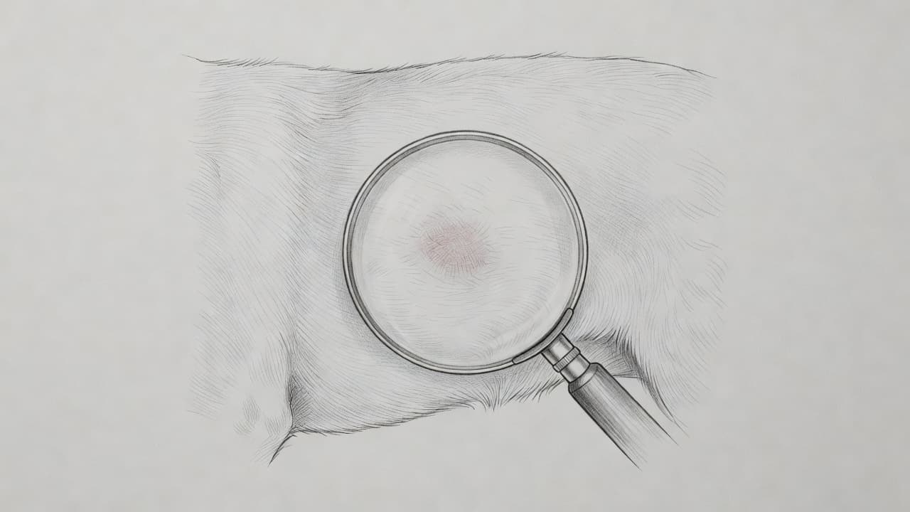 Ein detailreicher Graphitstift-Entwurf auf hellgrauem Papier zeigt eine gerötete Hautstelle nach einer Zeckenentfernung. Eine Lupe wird direkt über den Bereich gehalten, um die fachgerechte und genaue Beobachtung des Heilungsprozesses detailliert zu veranschaulichen.