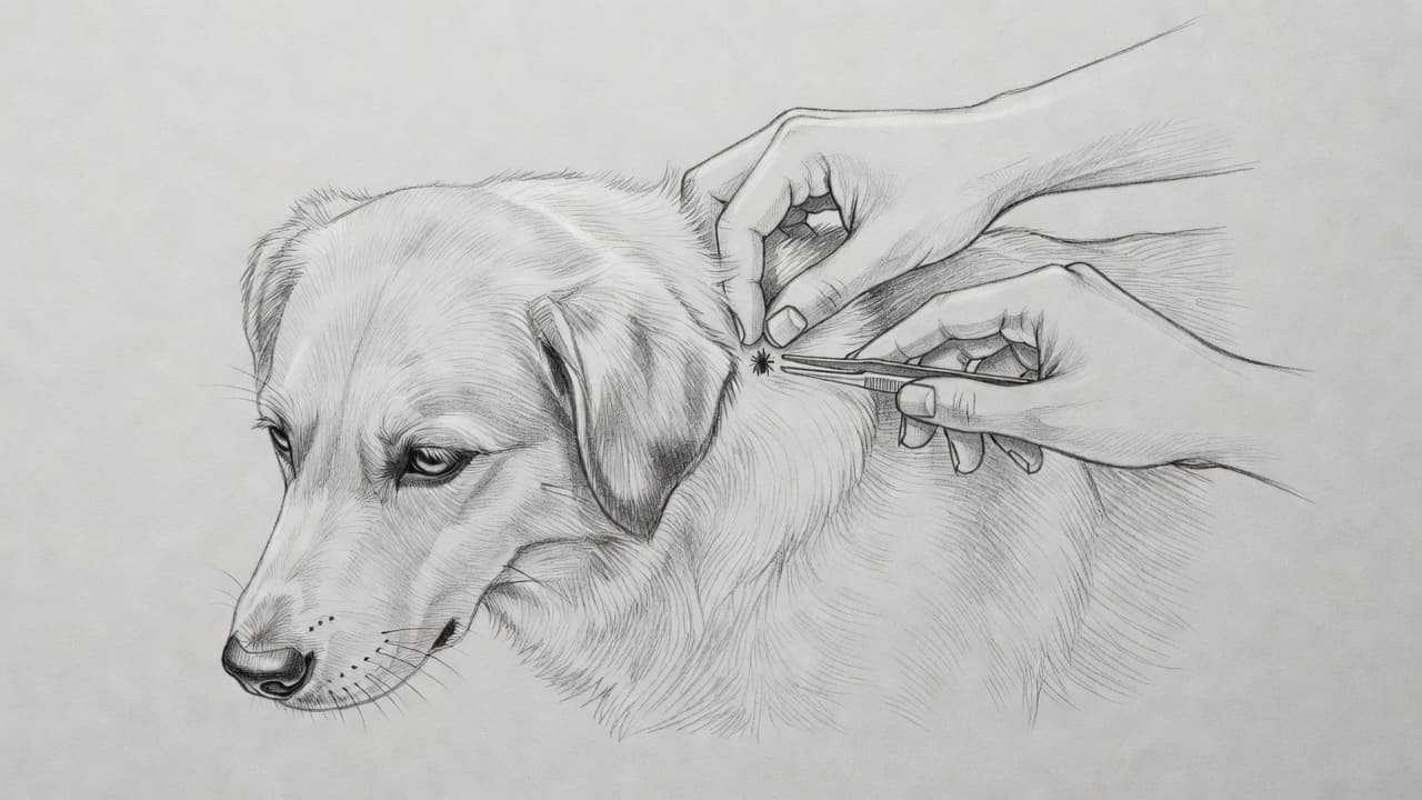 Eine detailreiche Graphitzeichnung auf grauem Papier zeigt, wie mit einer speziellen Zeckenzange ein Parasit vorsichtig aus dem dichten Fell eines Hundes entfernt wird. Die klare Strichführung verdeutlicht dabei den präzisen Vorgang.