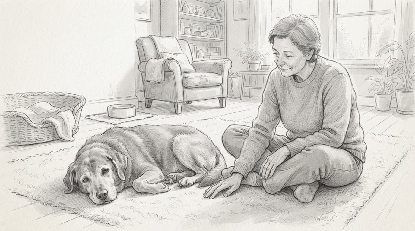 Ein älterer Hund liegt auf einer Matte, während eine Person ruhig daneben sitzt.
