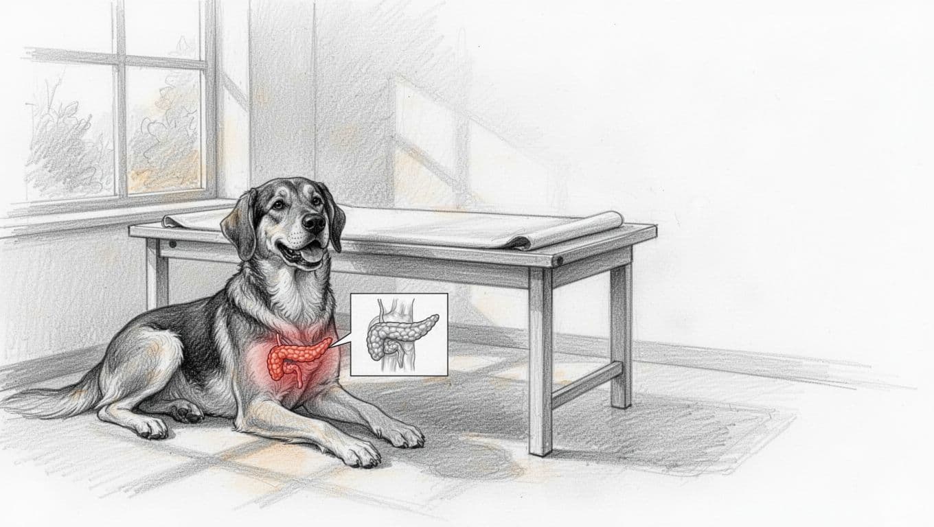 Mittelgroßer Hund neben einem tierärztlichen Untersuchungstisch mit hervorgehobener Bauchspeicheldrüse.