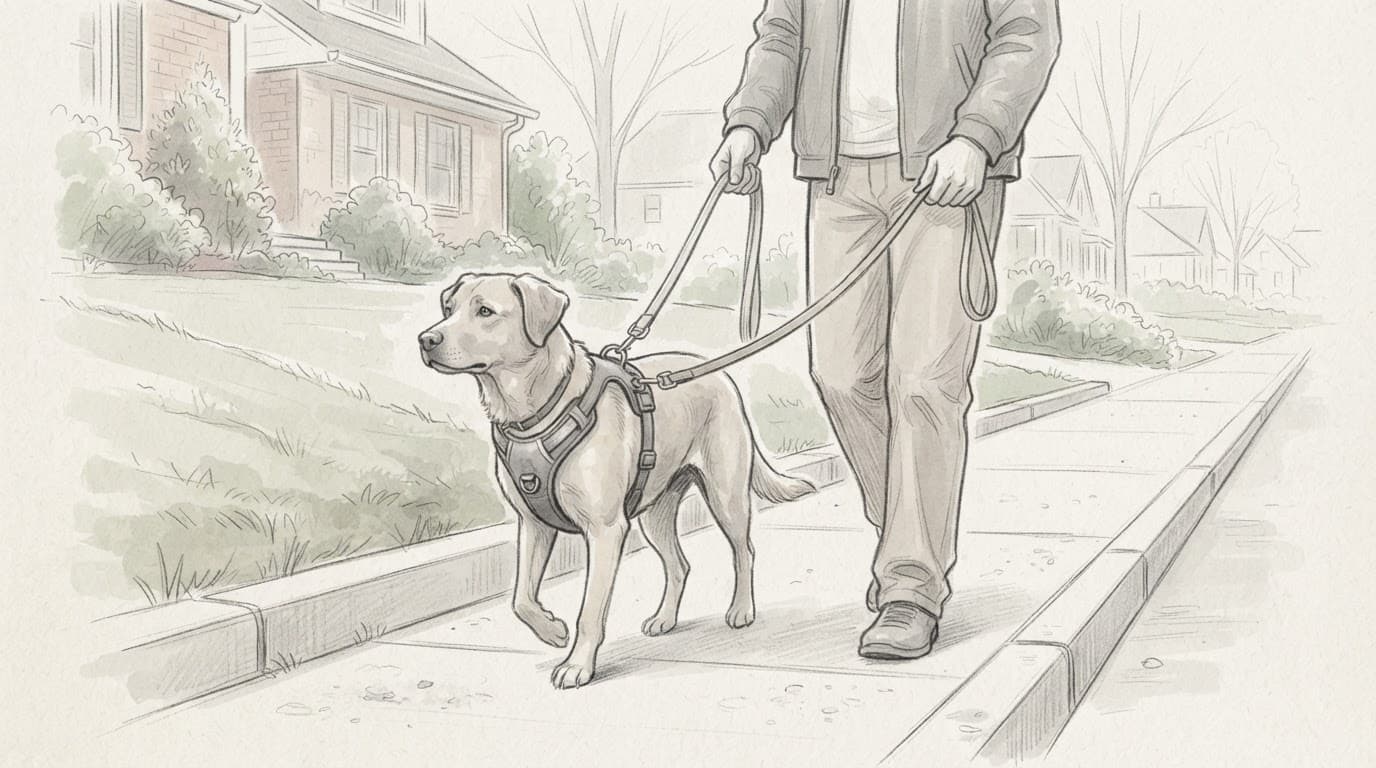 Ängstlicher Hund mit Geschirr und zwei Leinen neben einer erwachsenen Person auf einem ruhigen Gehweg.