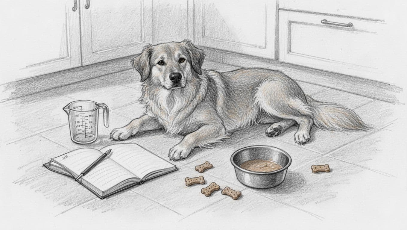 Entspannter Hund neben Notizbuch, Messbecher, Futterschüssel und Leckerchen auf dem Küchenboden.