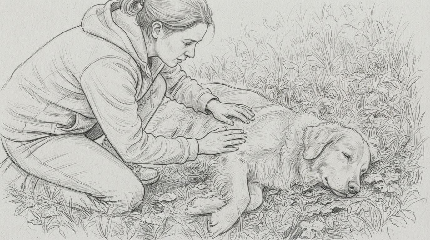 Eine Person untersucht vorsichtig einen ruhig im Gras liegenden Hund.