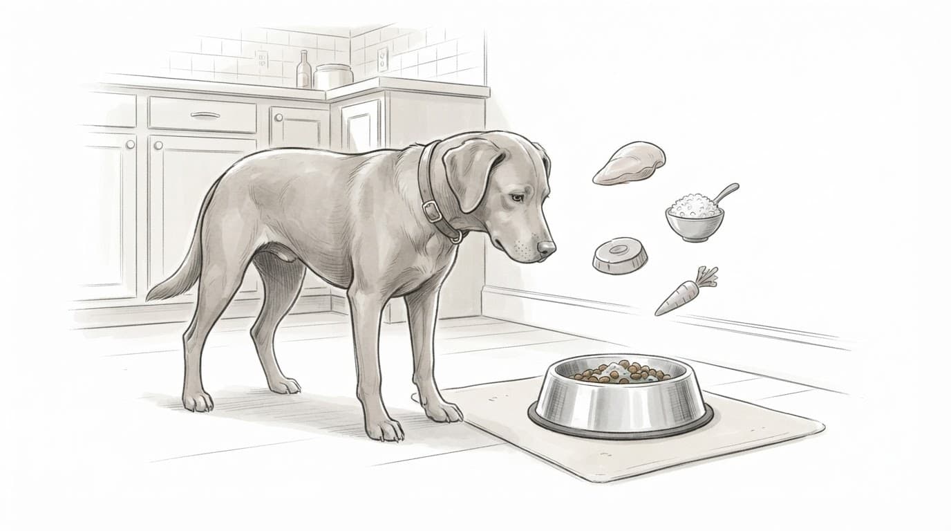 Ein Hund steht neben einer Edelstahlschüssel mit einer kleinen Portion fettarmem Futter.