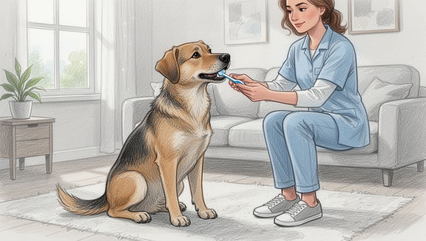 Ein ruhiger Hund bei der Zahnpflege mit einer sitzenden Person in einer hellen Wohnung.