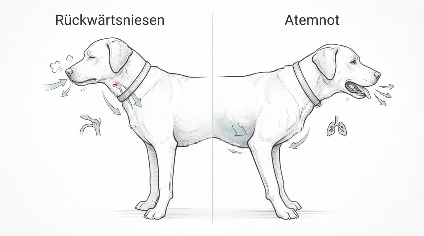 Seitlich gezeigter Hund im Vergleich von Rückwärtsniesen und Atemnot.