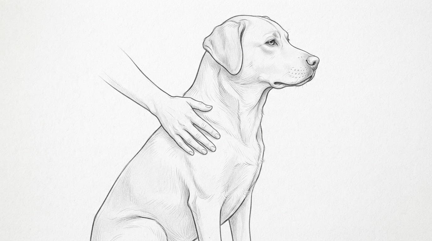 Ruhiger Hund im Profil mit sanft stützender Hand.