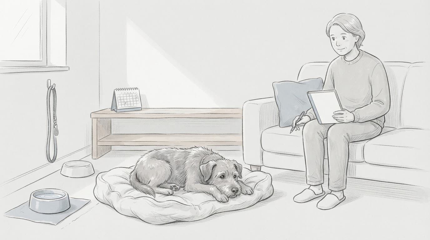 Ein Hund liegt im Wohnzimmer, während sein Besitzer Veränderungen in einem Notizbuch festhält.