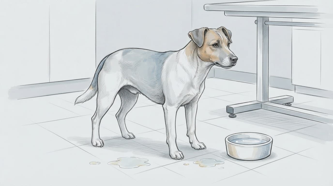 Ein müder Hund steht neben einer Wasserschale und kleinen Urinpfützen.