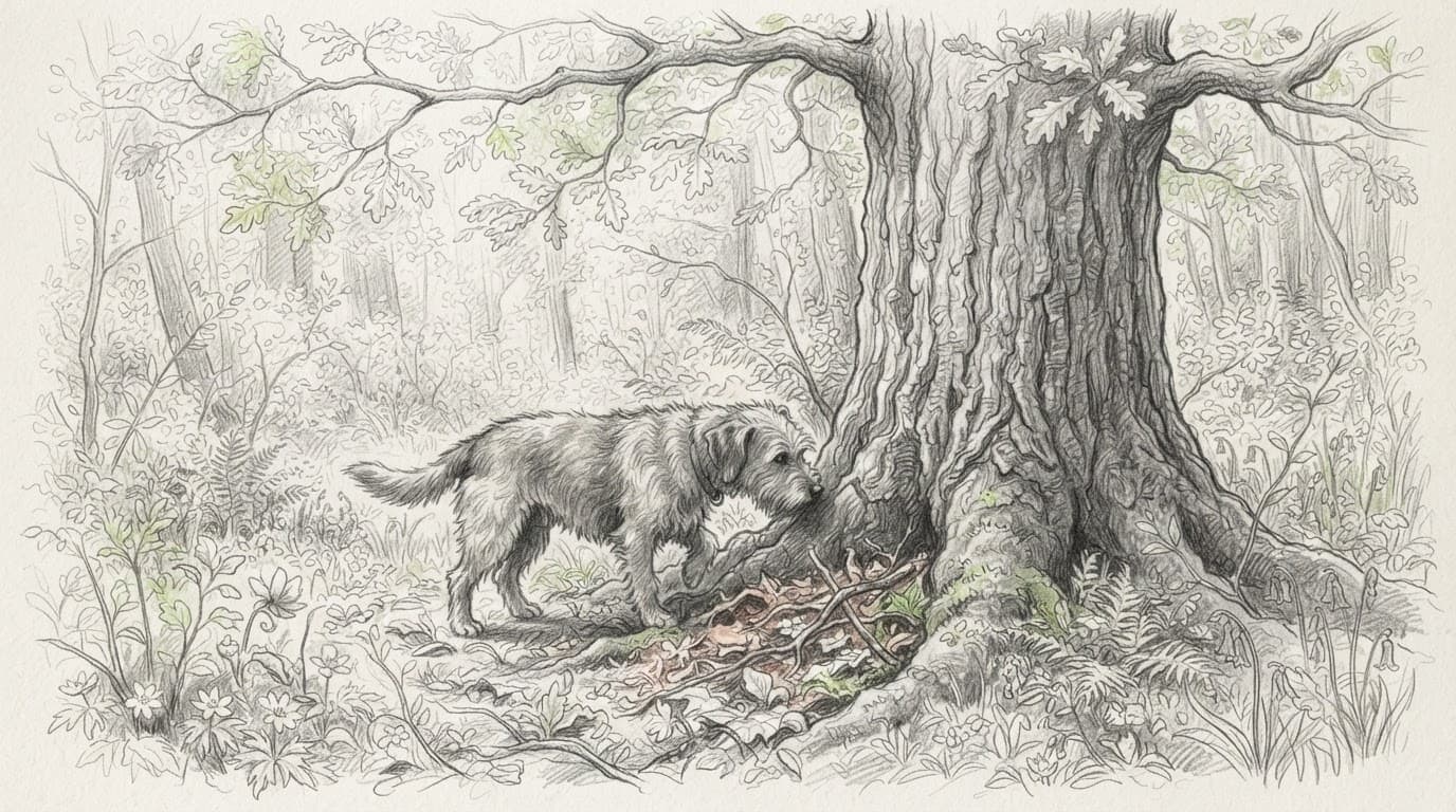 Ein Hund schnüffelt im Frühjahrswald neben einem Eichenstamm.