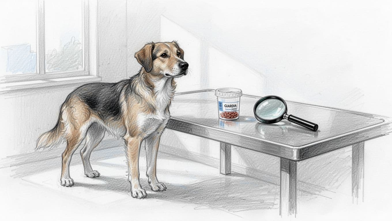 Gesunder Hund neben Untersuchungstisch mit Probenbehälter und Lupensymbol.