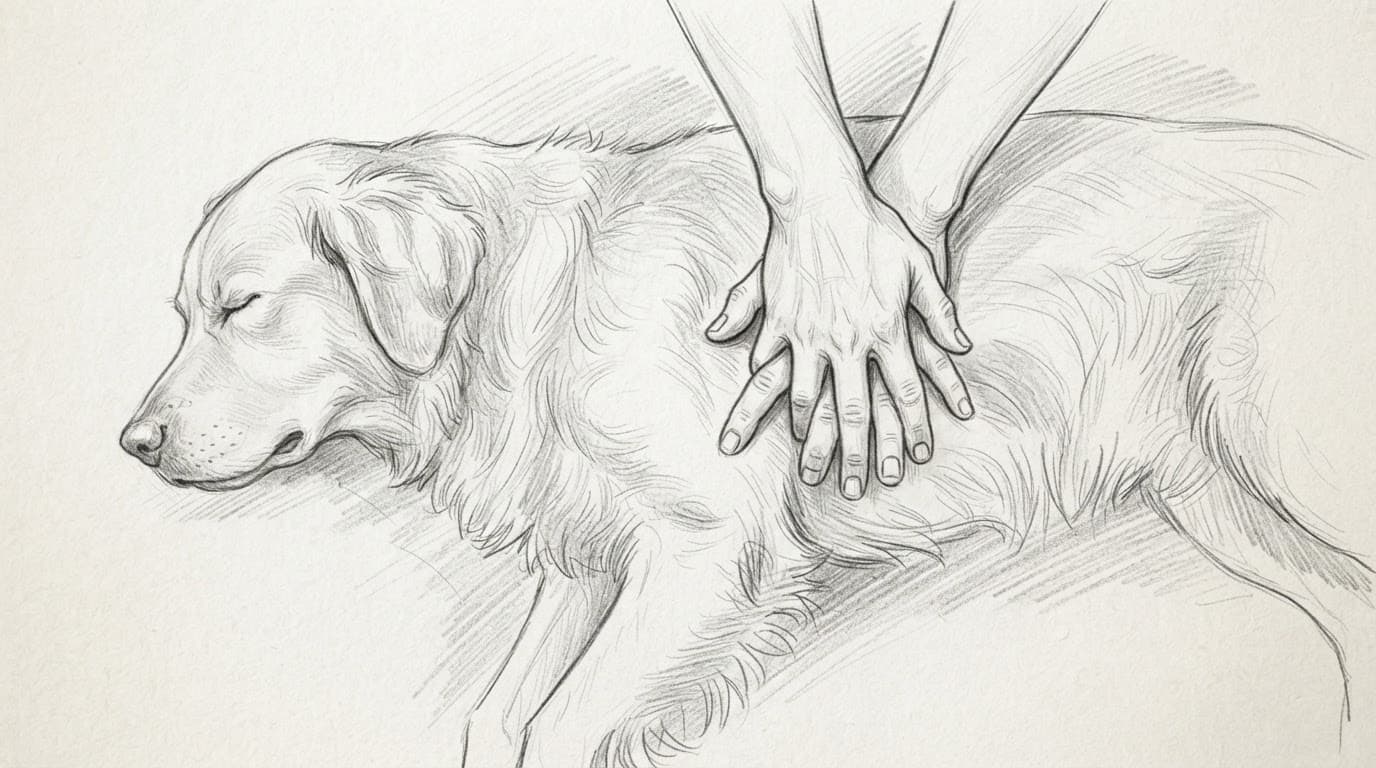 Zwei Hände liegen für Herzdruckmassagen auf dem Brustkorb eines Hundes.